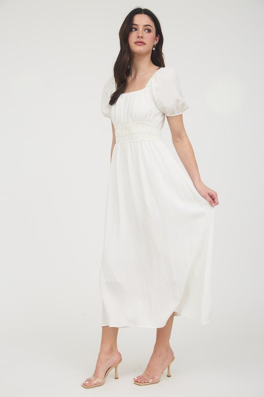 Solid Smocked Waist Balloon Sleeve Midi Dress