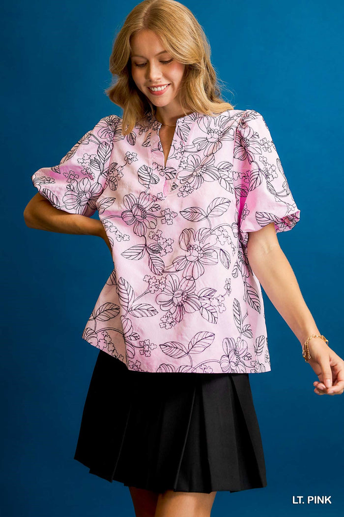 Stripe Embroidered Top w/ Puff Sleeves