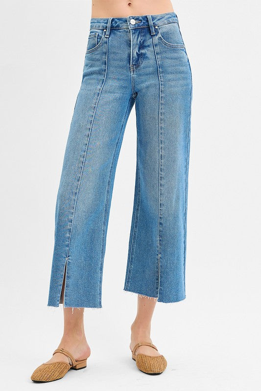 Risen Tummy Control Mid Rise Crop Wide Front Slit Jeans