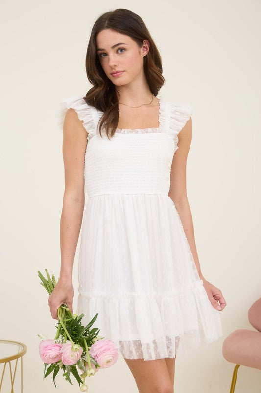 POLKA DOT CHIFFON SMOCKED RUFFLE DETAIL MINI DRESS