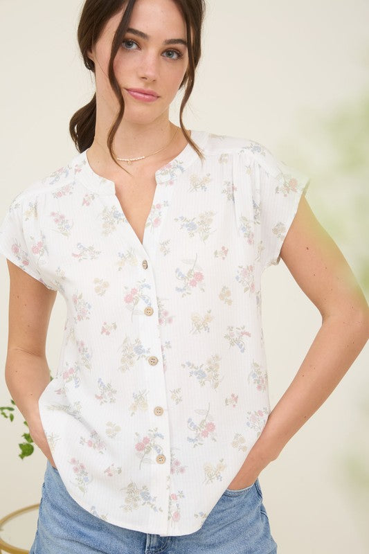 Stripe Floral Short Sleeve Button Down Top