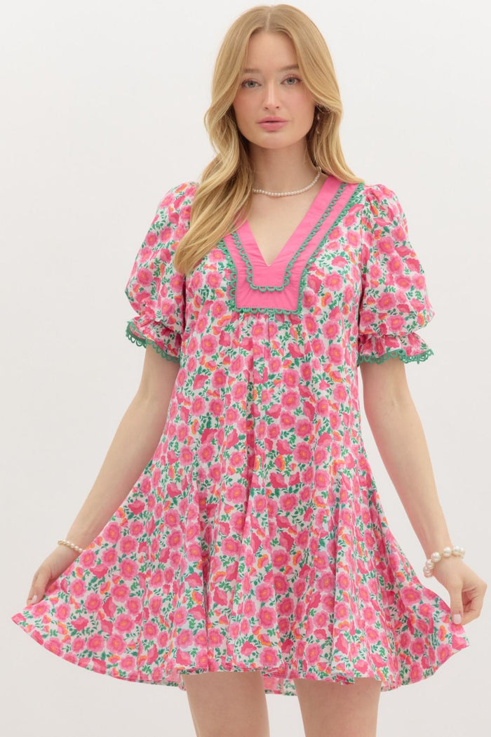 Floral print scallop trim accented ruffle finish short bubble sleeve pullover mini dress