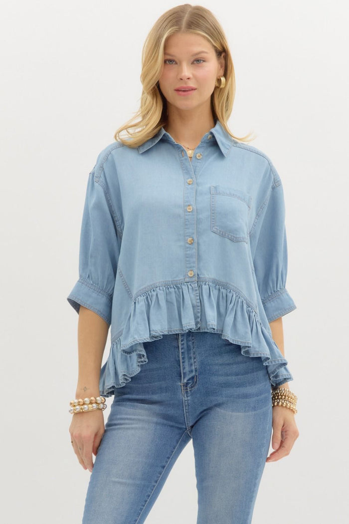 Denim cuff band ¾ sleeve ruffle hem oversized top
