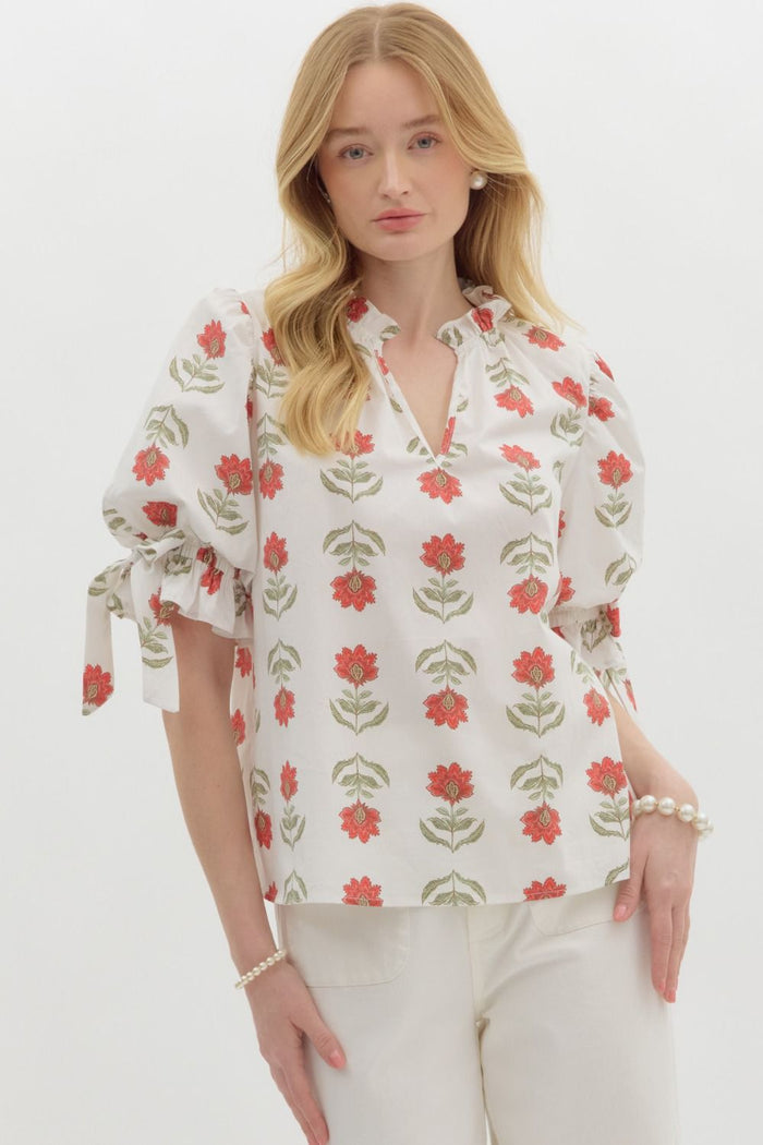Floral print split ruffle neck pullover top