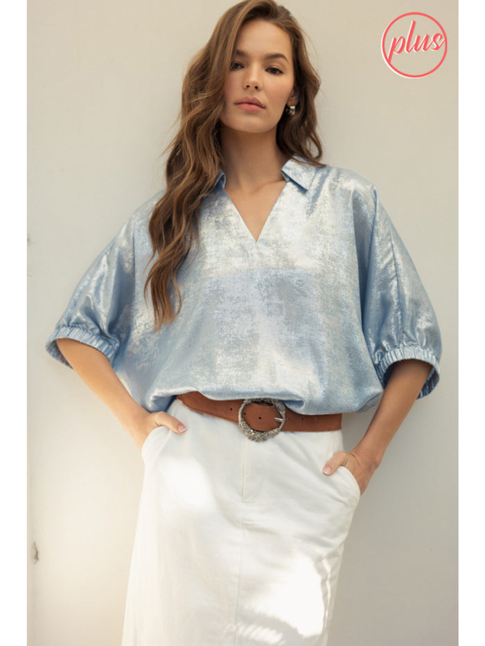 Plus Metallic top with open collared neck, Half dolman sleeves, and stretch-band cuffs.