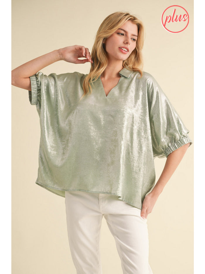 Plus Metallic top with open collared neck, Half dolman sleeves, and stretch-band cuffs.