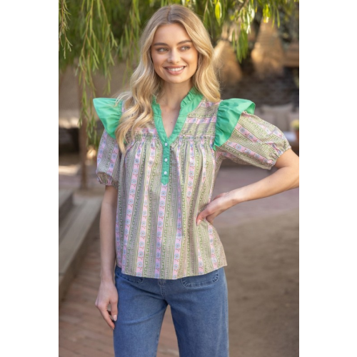 Smocked Neck Lace Detailed Printed Top