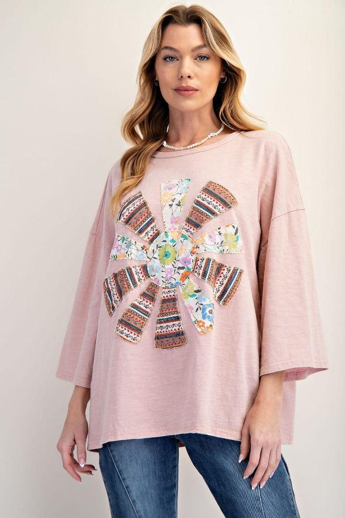 PATCHWORK MINERAL WASHED COTTON SLUB KNIT TOP
