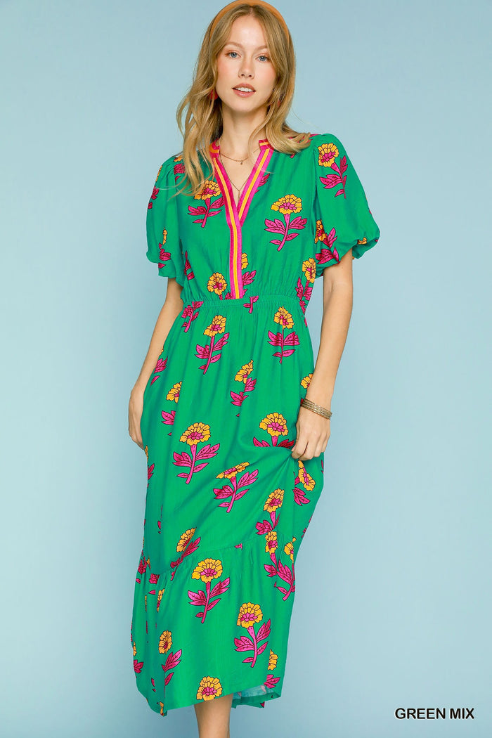 Floral Print V-Neck Midi Dress