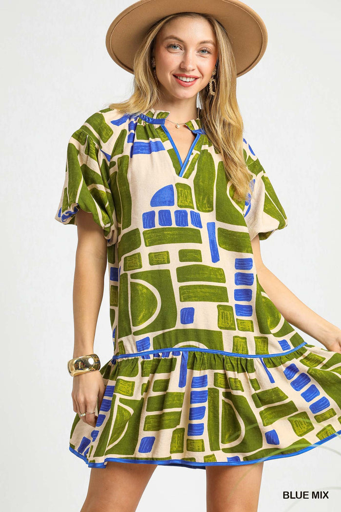 Abstract Geo Print Ruffle Hem Dress