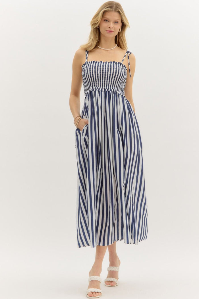 Stripe pattern smocked top shoulder tie pullover midi dress
