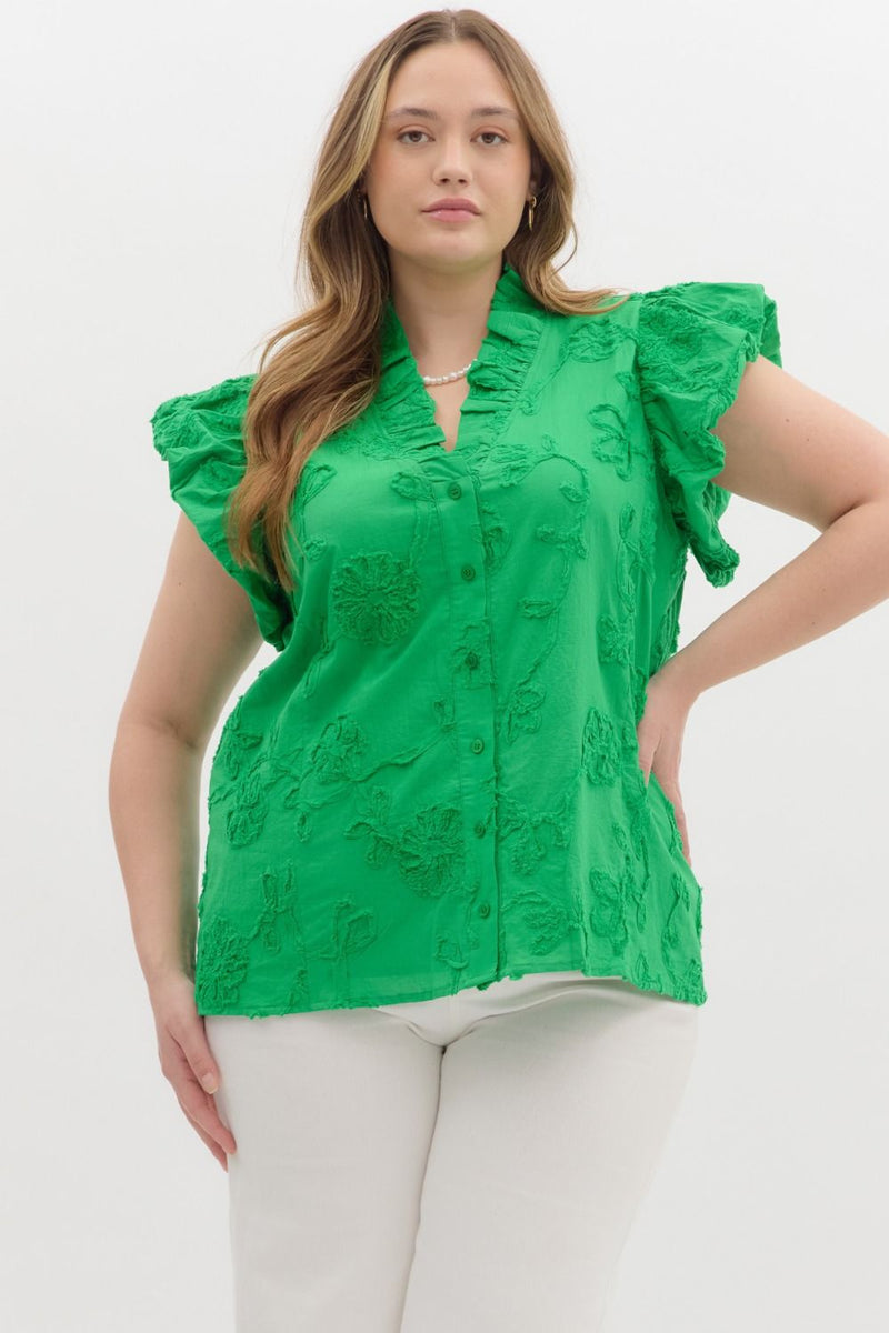 Solid cotton floral appliqué bubble flutter sleeve top