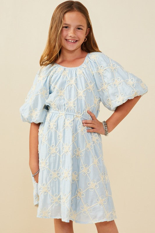 Girls Floral Embroidered Puff Sleeve V Neck Dress