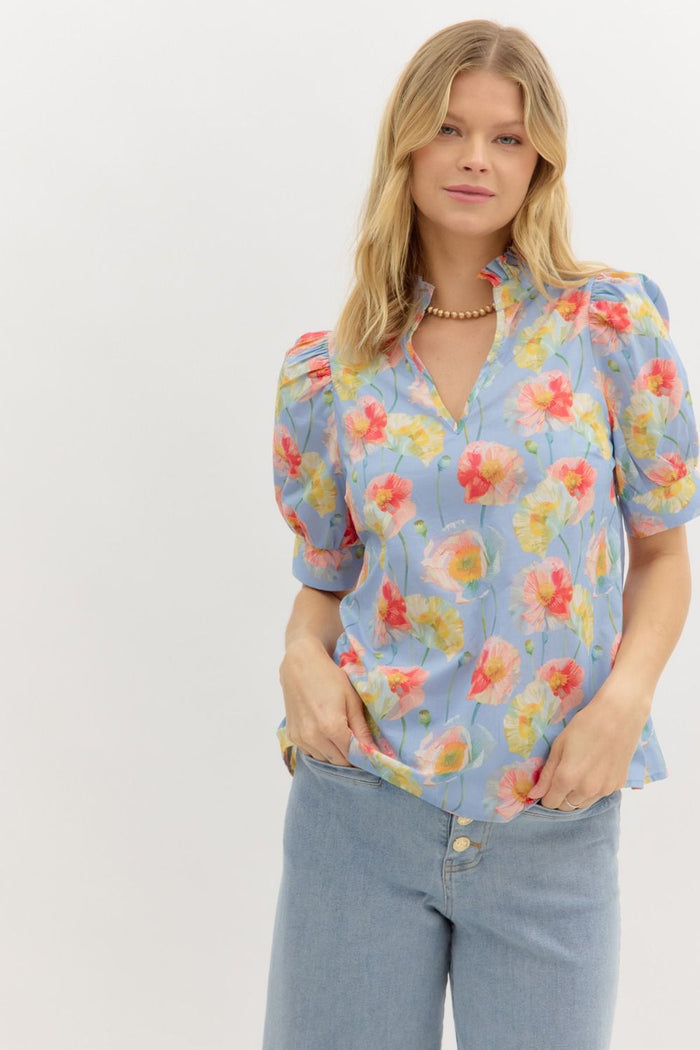 Floral print cuff band short puff sleeve pullover top