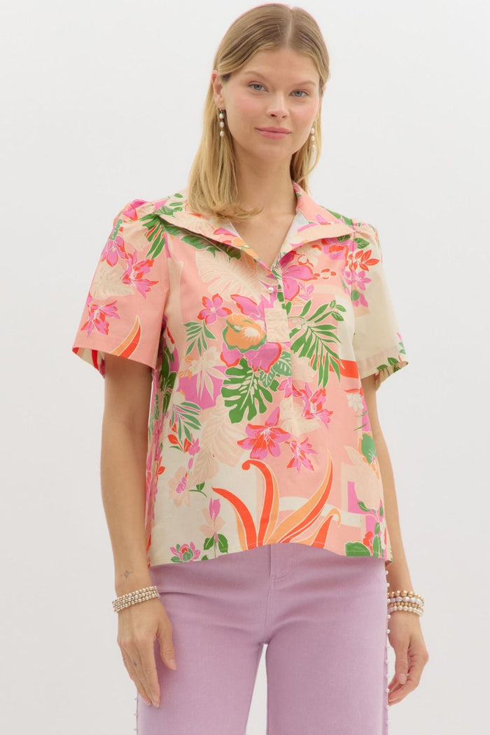 Tropical print short sleeve pullover top