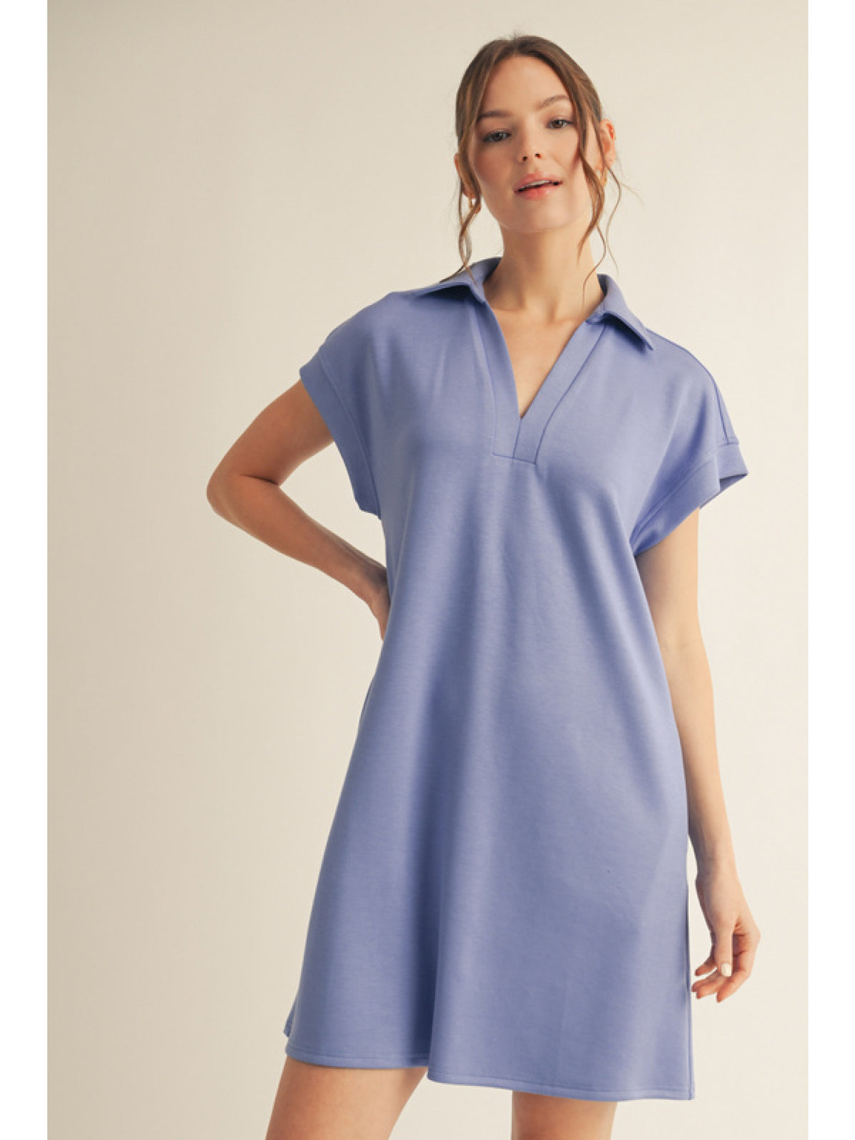 Solid dress with open collared neck
