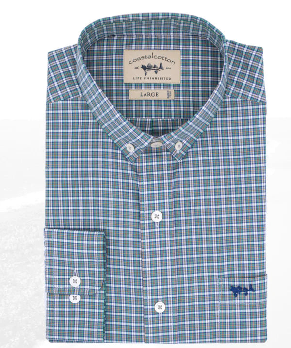 Coastal Cotton Long Sleeve Sport Shirt - Emerald Check