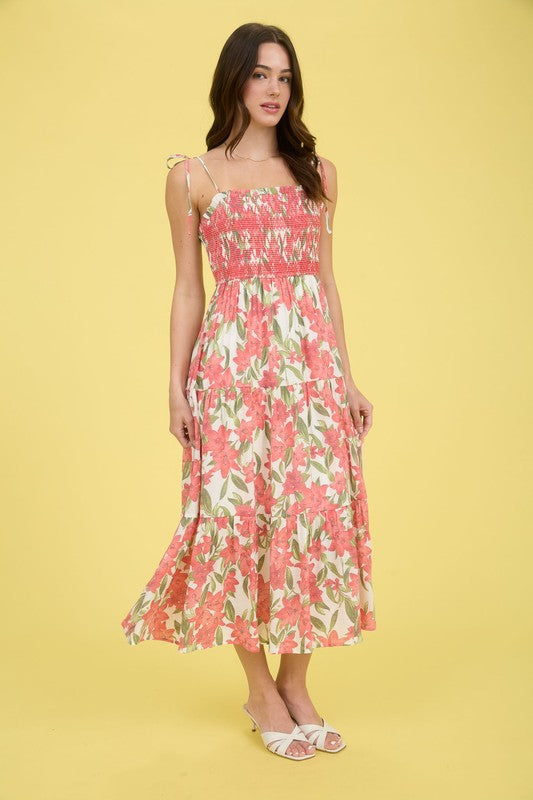 Floral Smocked Spaghetti Tie Tiered Midi Dress