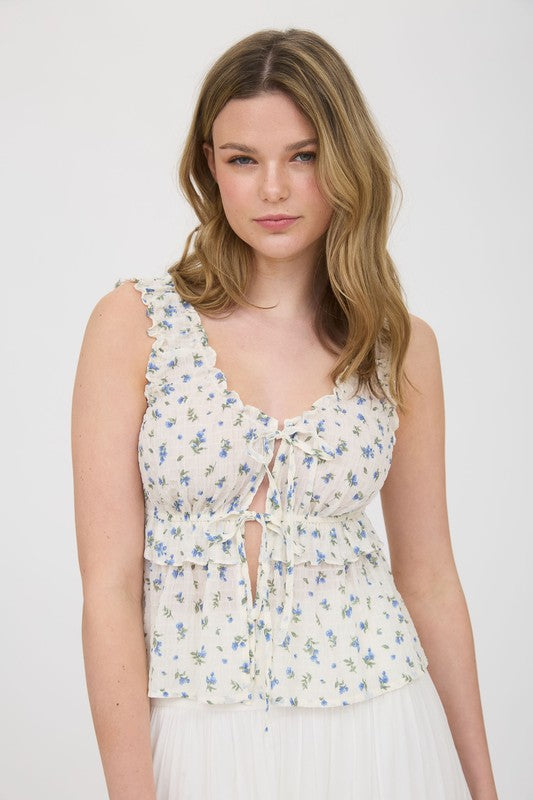 Floral Print Lettuce Trim Front Tie Blouse