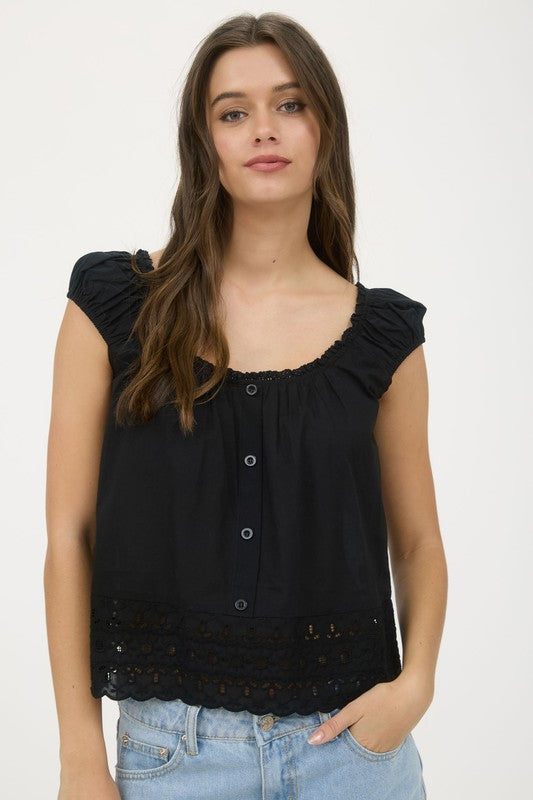 Eyelet Lace Trim Short Sleeve Button Down Blouse