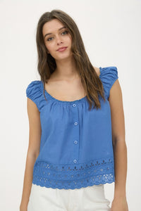 Eyelet Lace Trim Short Sleeve Button Down Blouse