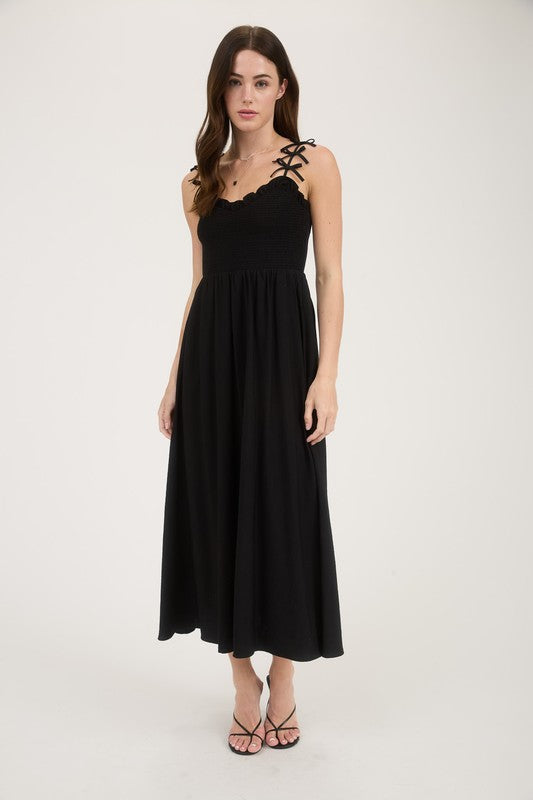 Sweetheart Smocked Bow Strap Detail Midi Dress