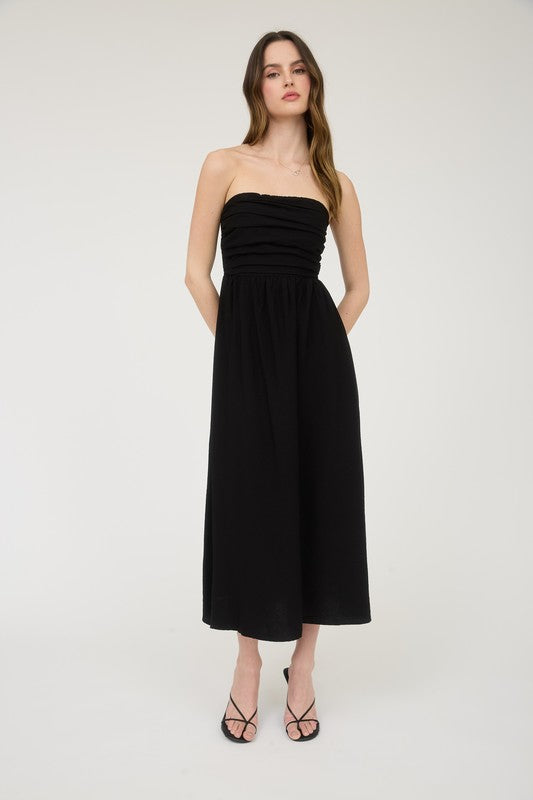 Pleated Bodice Strapless Midi Sundress
