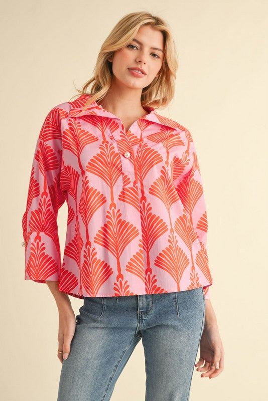 Print 3/4 Sleeves Collar Top
