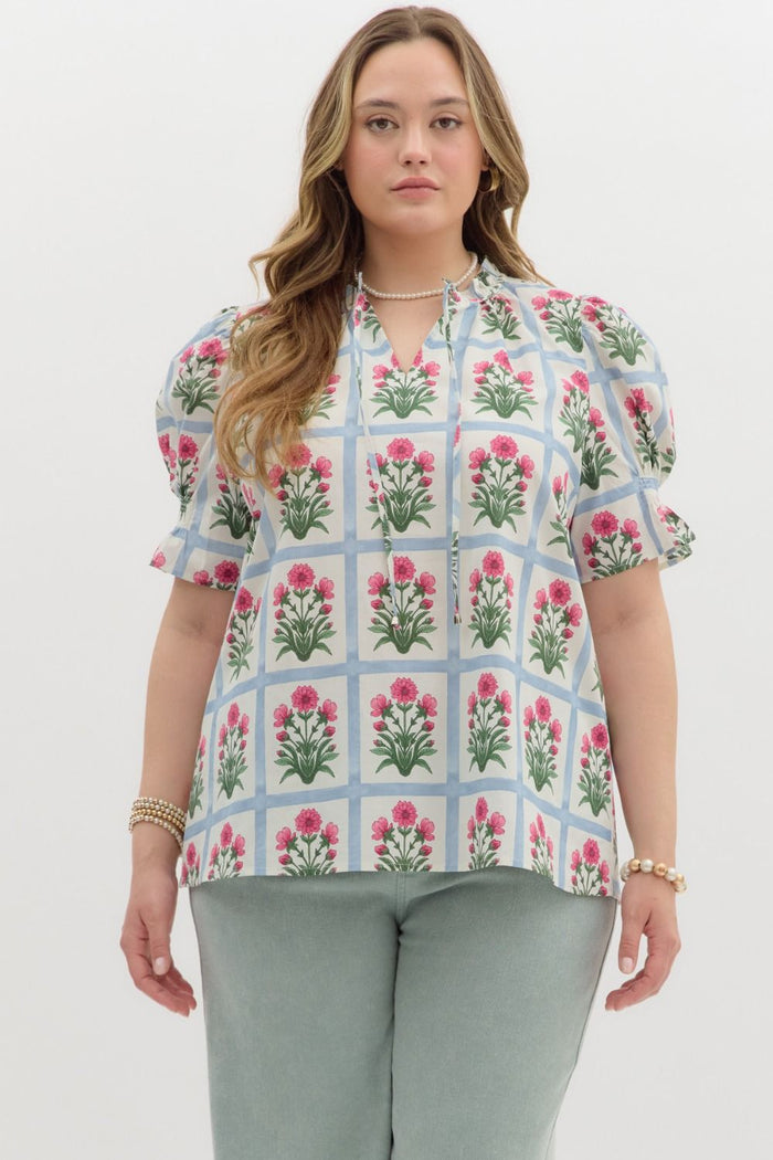 Floral pattern ruffle finish pullover top