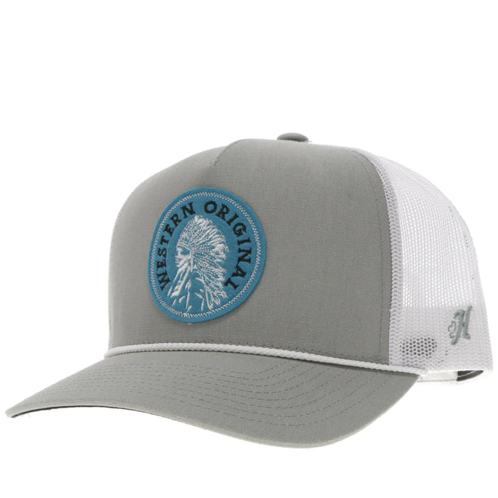 HOOEY-"QUANAH" HAT GREY/WHITE W/BLACK & BLUE PATCH