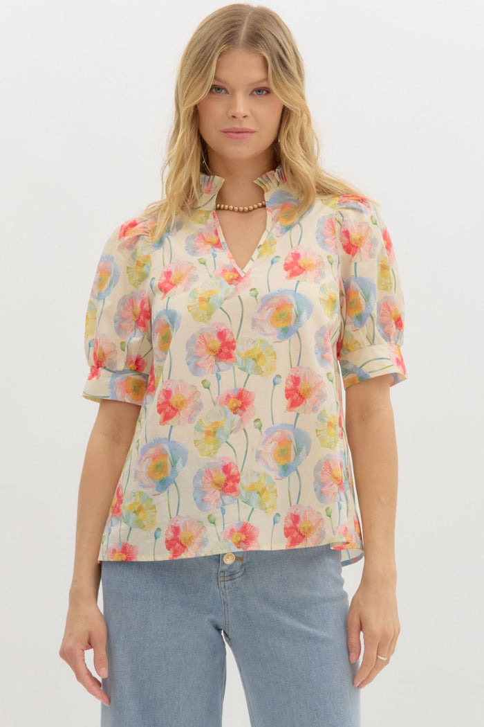 Floral print cuff band short puff sleeve pullover top