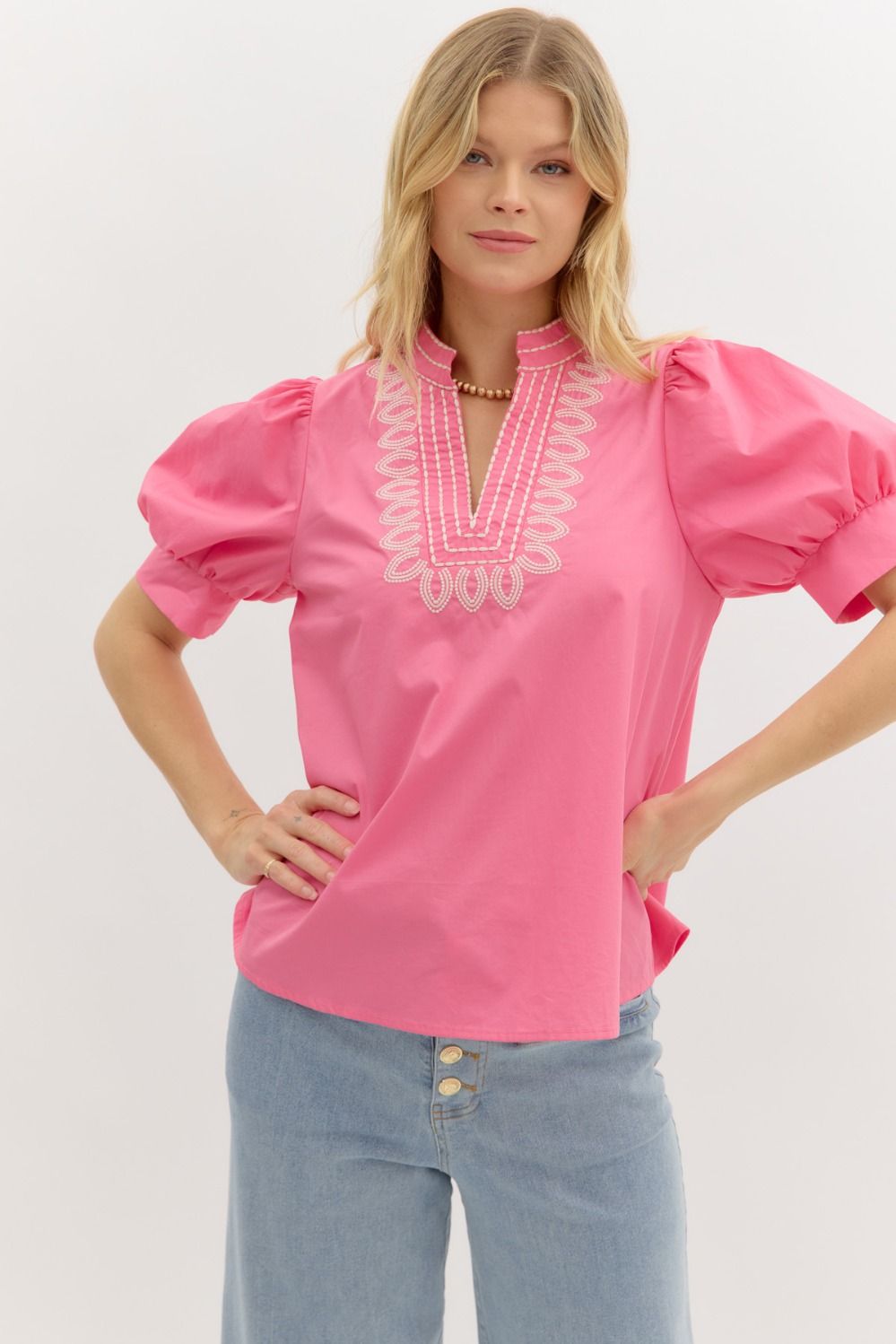 Solid cuff band short puff sleeve pullover top