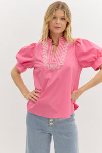 Solid cuff band short puff sleeve pullover top