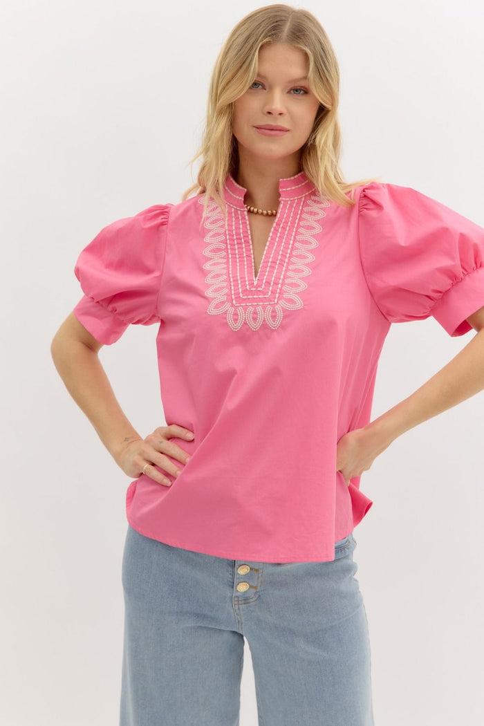 Solid cuff band short puff sleeve pullover top