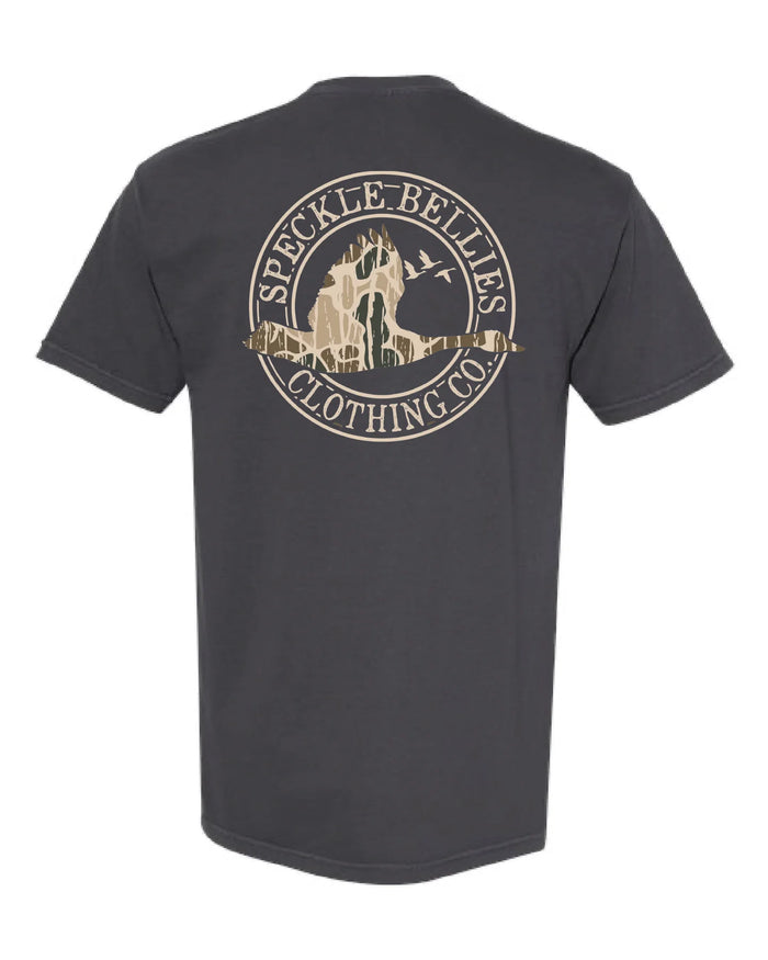 Speckle Bellies Graphite Sheddin Camo Circle Logo