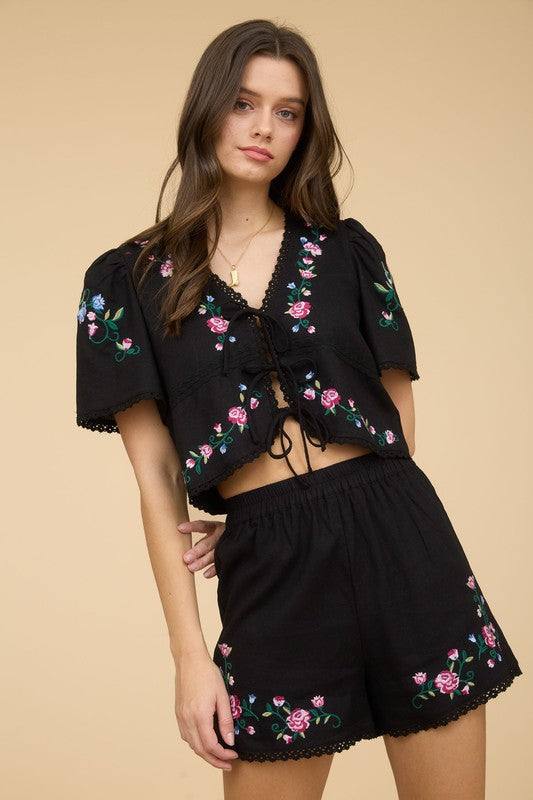 Floral Embroidery Mini Short Set