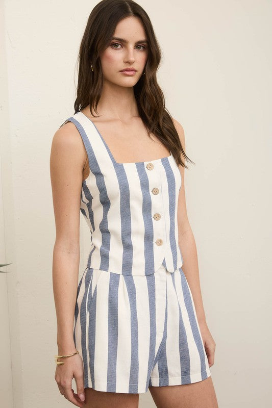 Stripe Button Down Sleeveless Linen Short Set