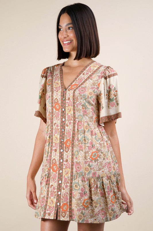 Shirring Detail Printed Woven Mini Dress
