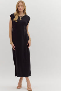 Solid jersey knit pullover midi dress featuring side slit