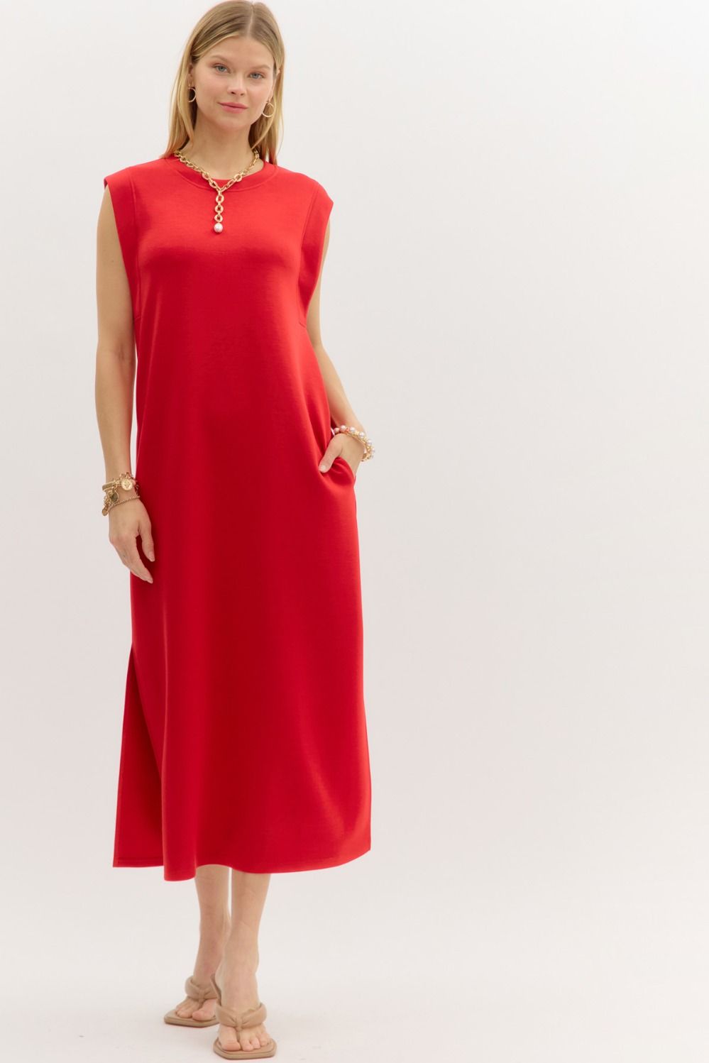 Solid jersey knit pullover midi dress featuring side slit
