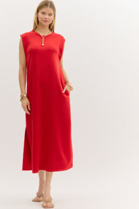 Solid jersey knit pullover midi dress featuring side slit