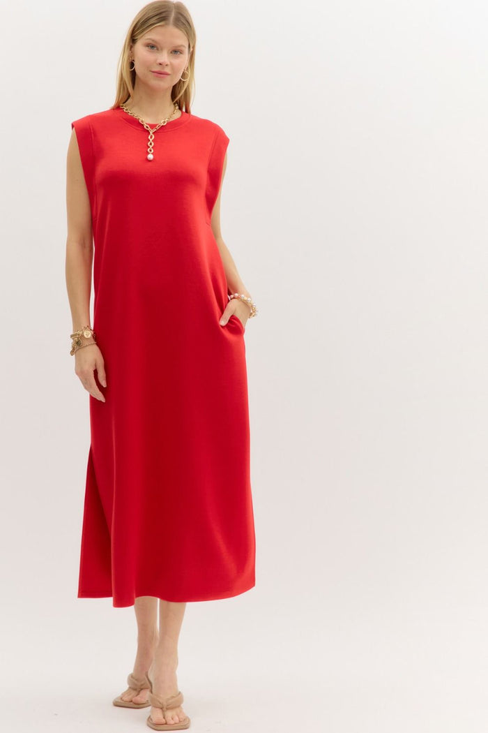 Solid jersey knit pullover midi dress featuring side slit