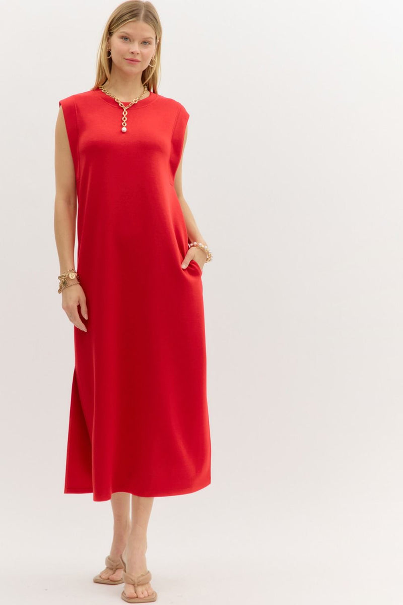 Solid jersey knit pullover midi dress featuring side slit