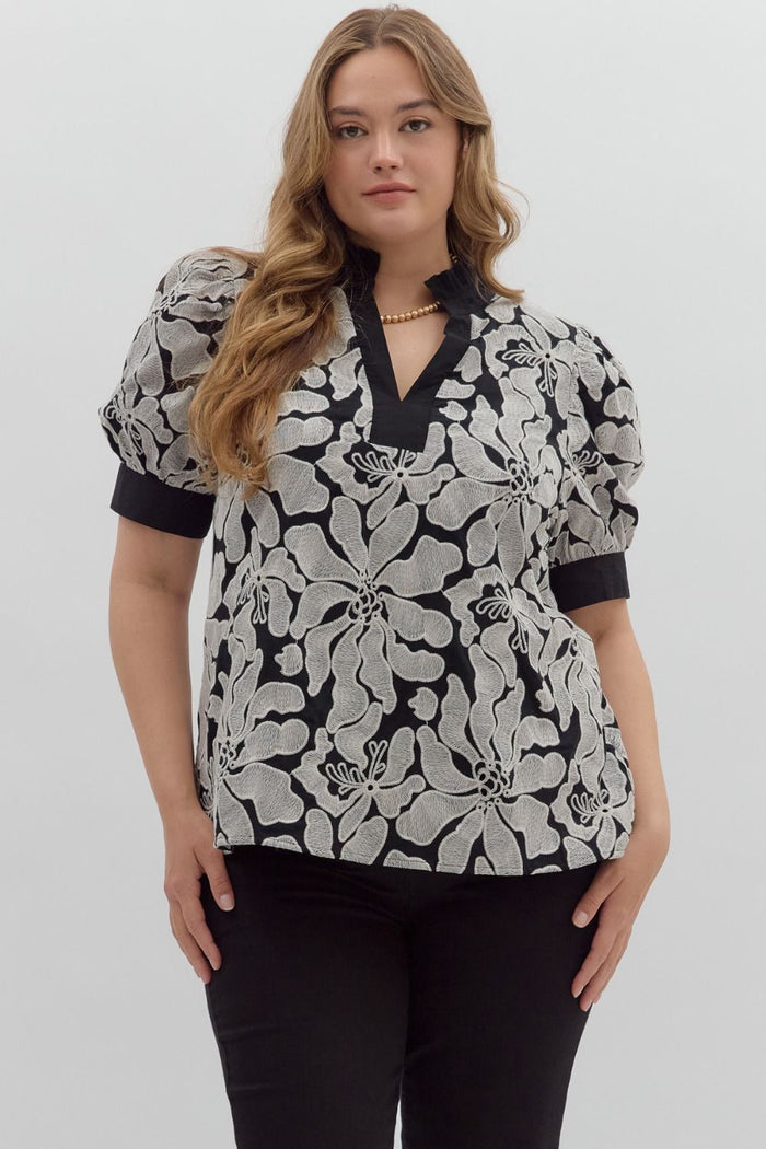 Floral embroidered short puff sleeve pullover top