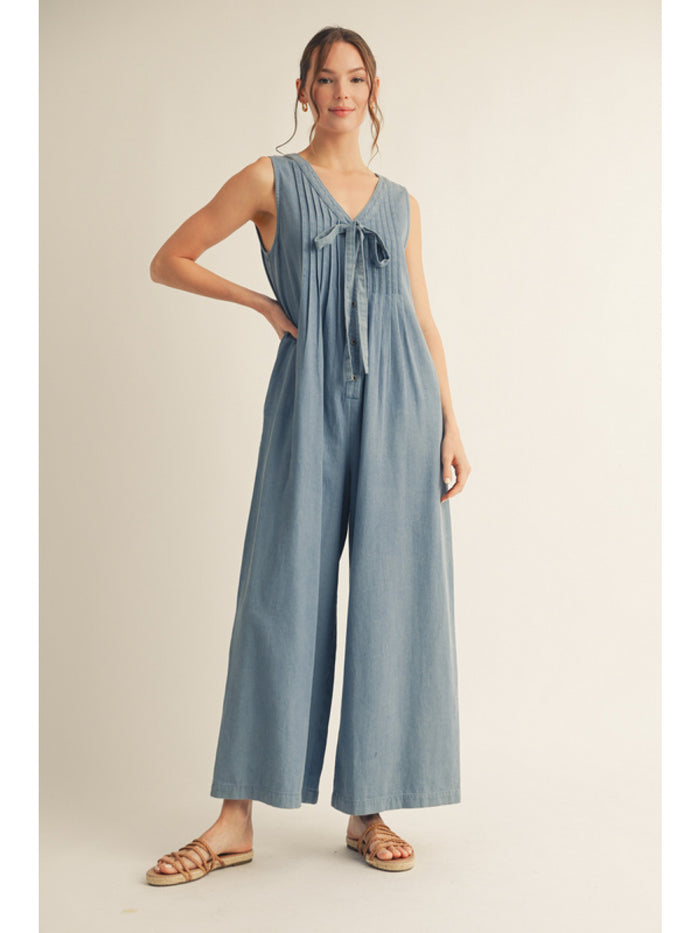 Sleeveless wide leg denim jumpsuit