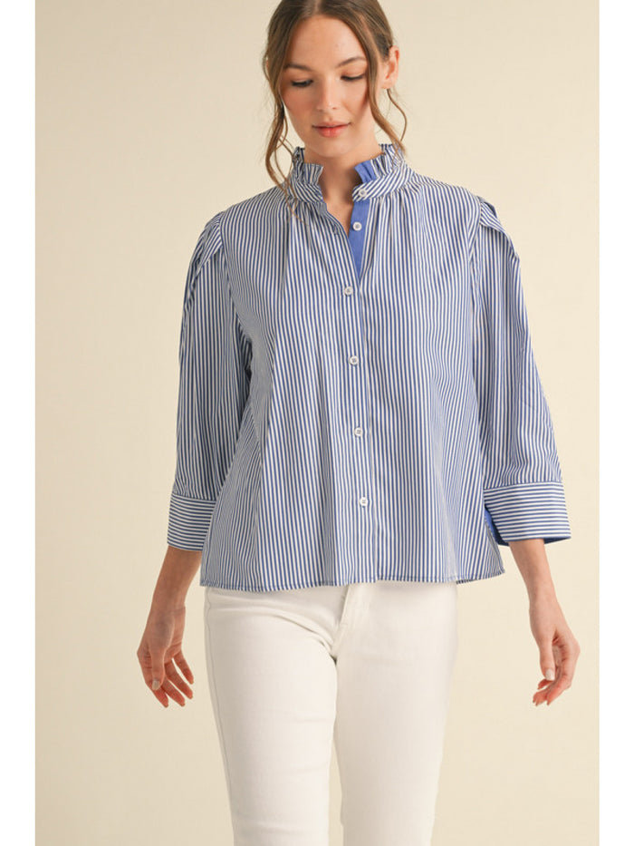 Striped top with stand-up collar with short,