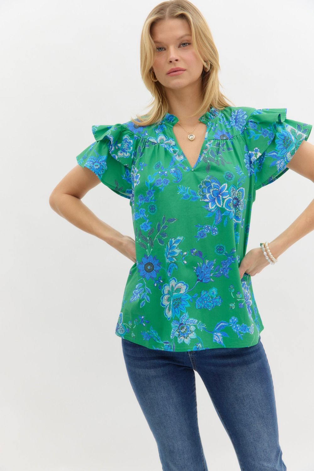 Floral print ruffle short sleeve pullover top