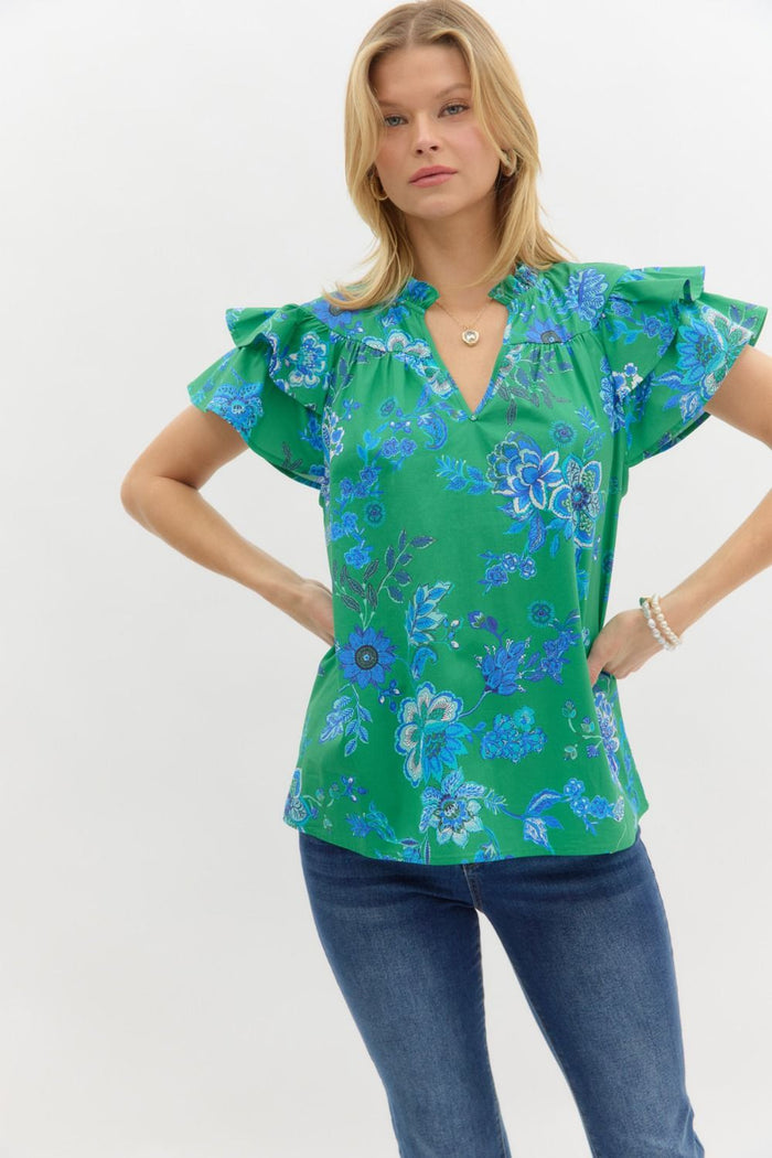 Floral print ruffle short sleeve pullover top