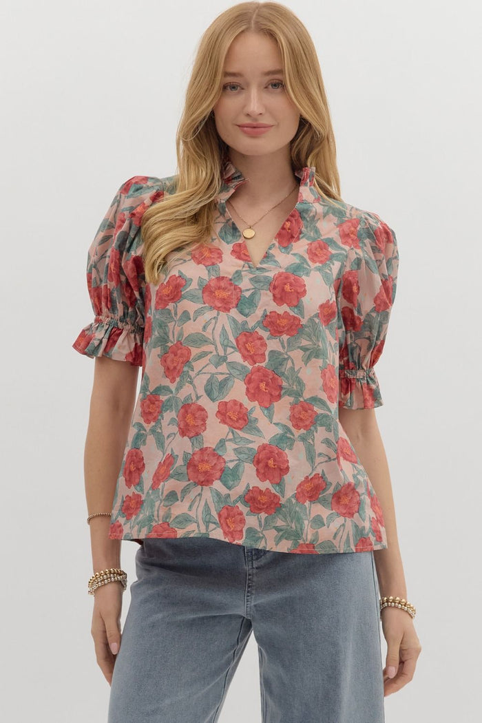 Floral pattern short puff sleeve pullover top