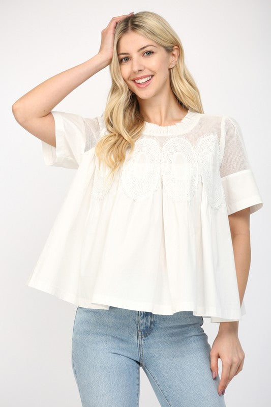 Mesh Combined Top With Applique